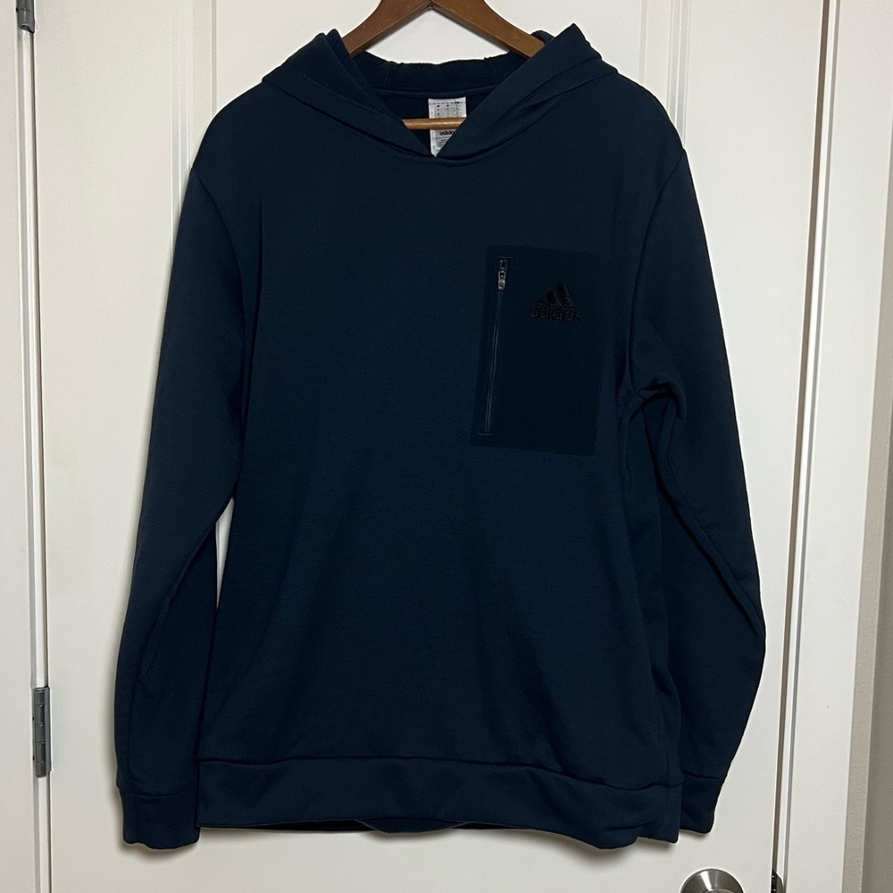Adidas Sweatshirt Navy Blue Hoodie Chest Zipper Pocket Large - Picture 7 of 7